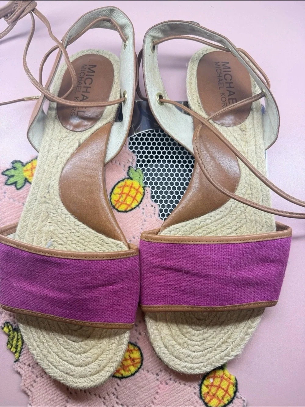 Michael Kors Fuchsia Canvas Espadrille Sandals with Tan Trim